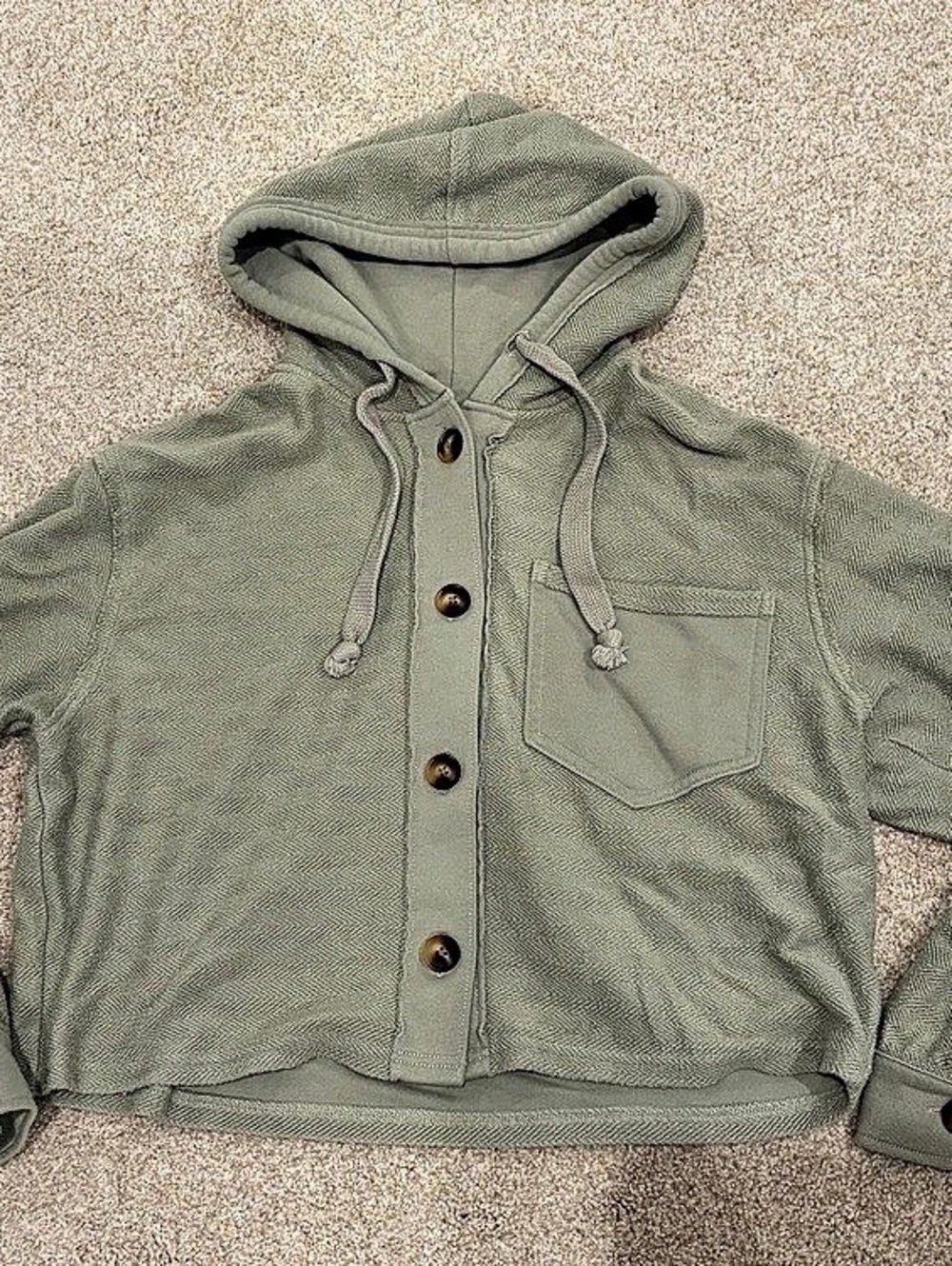 American Eagle Waffle-Knit Button-Up Hoodie Sage Green